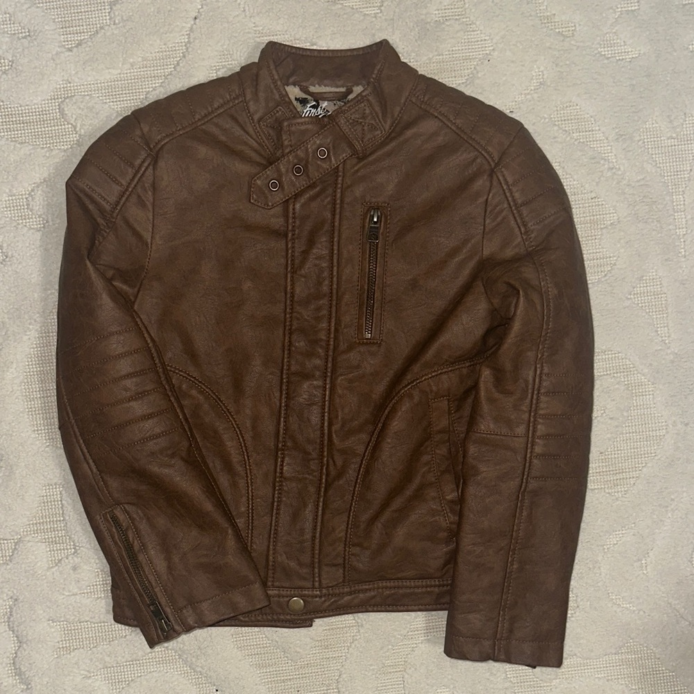 Boys First Wave Brown Leather Bomber Jacket with Textured Panels Size 8
